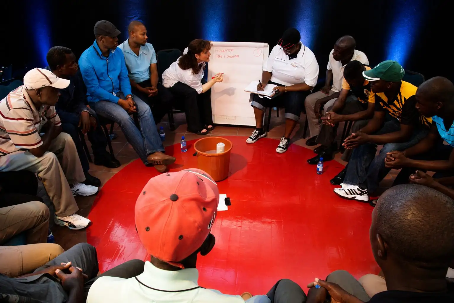 Participants seated in a circle on a red floor around a flip chart