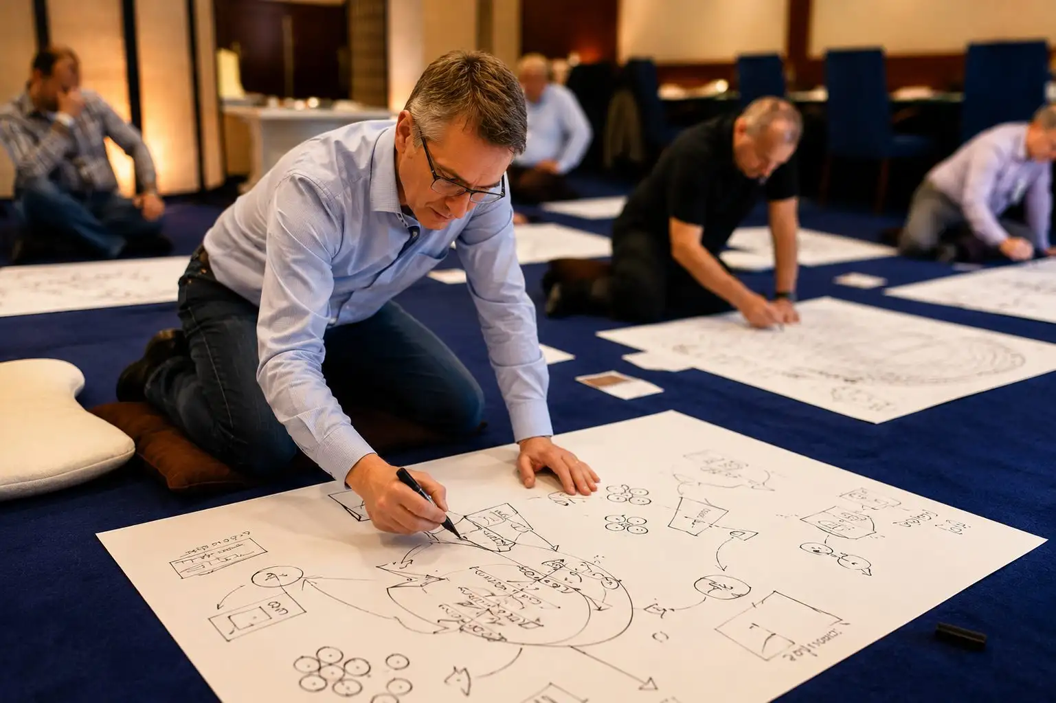 Leaders kneeling on the floor, drawing on large sheets of paper