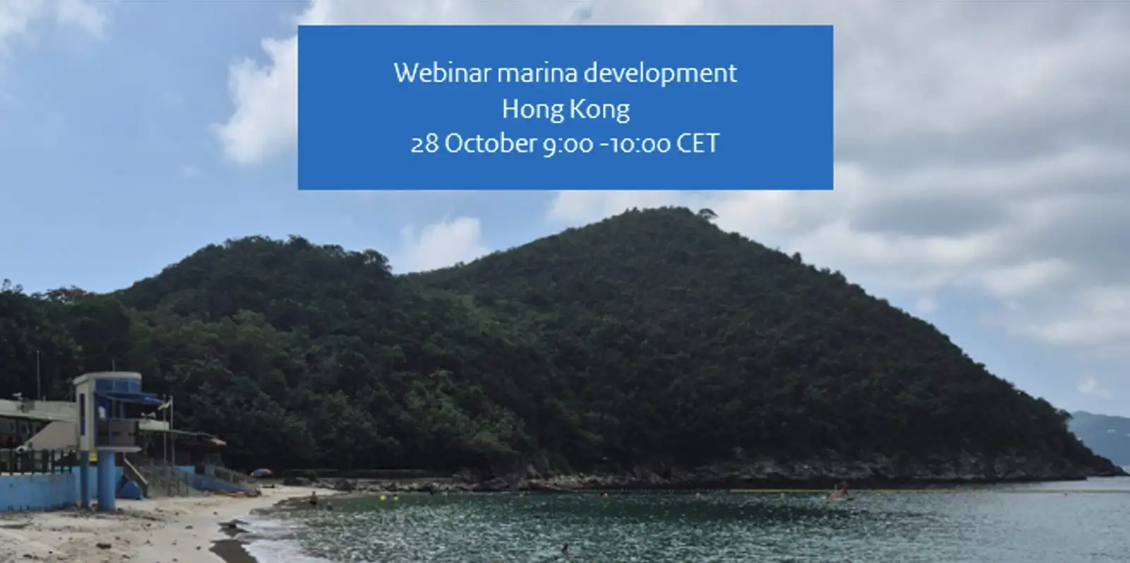 Announcement “Webinar marina development Hong Kong, 28 October 9:00–10:00 CET” over a photo of a Hong Kong bay
