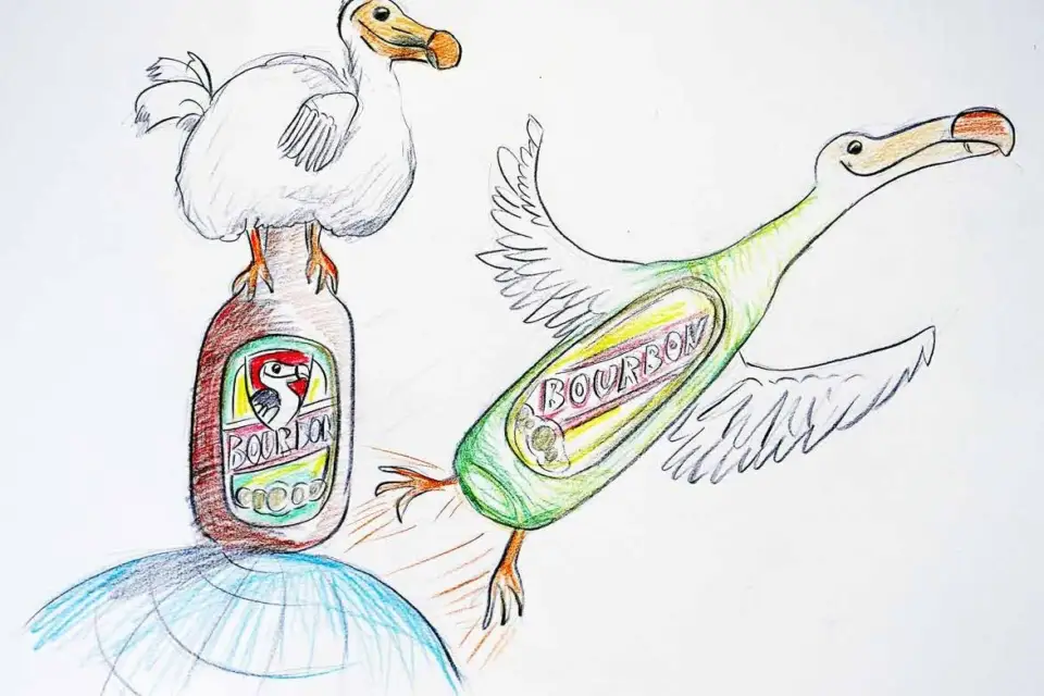 Drawing of two bird-shaped beer bottles flying over the globe