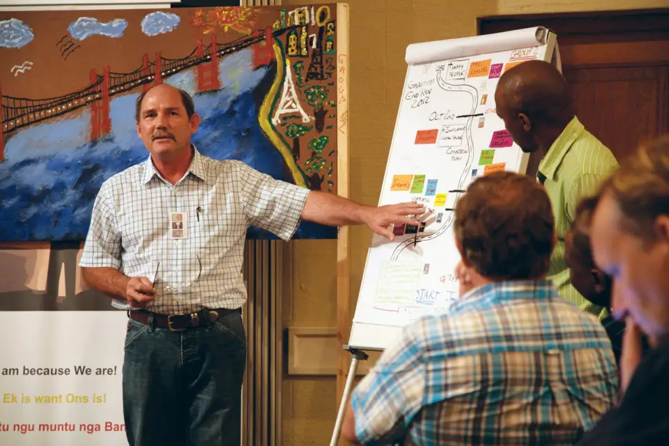 Facilitator pointing at a flip chart full of notes