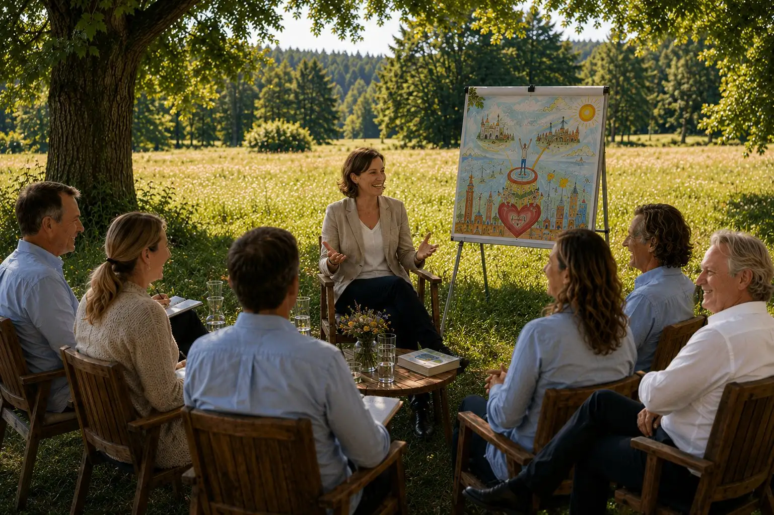 Leaders in dialogue in a circle under a tree, next to an artwork on an easel