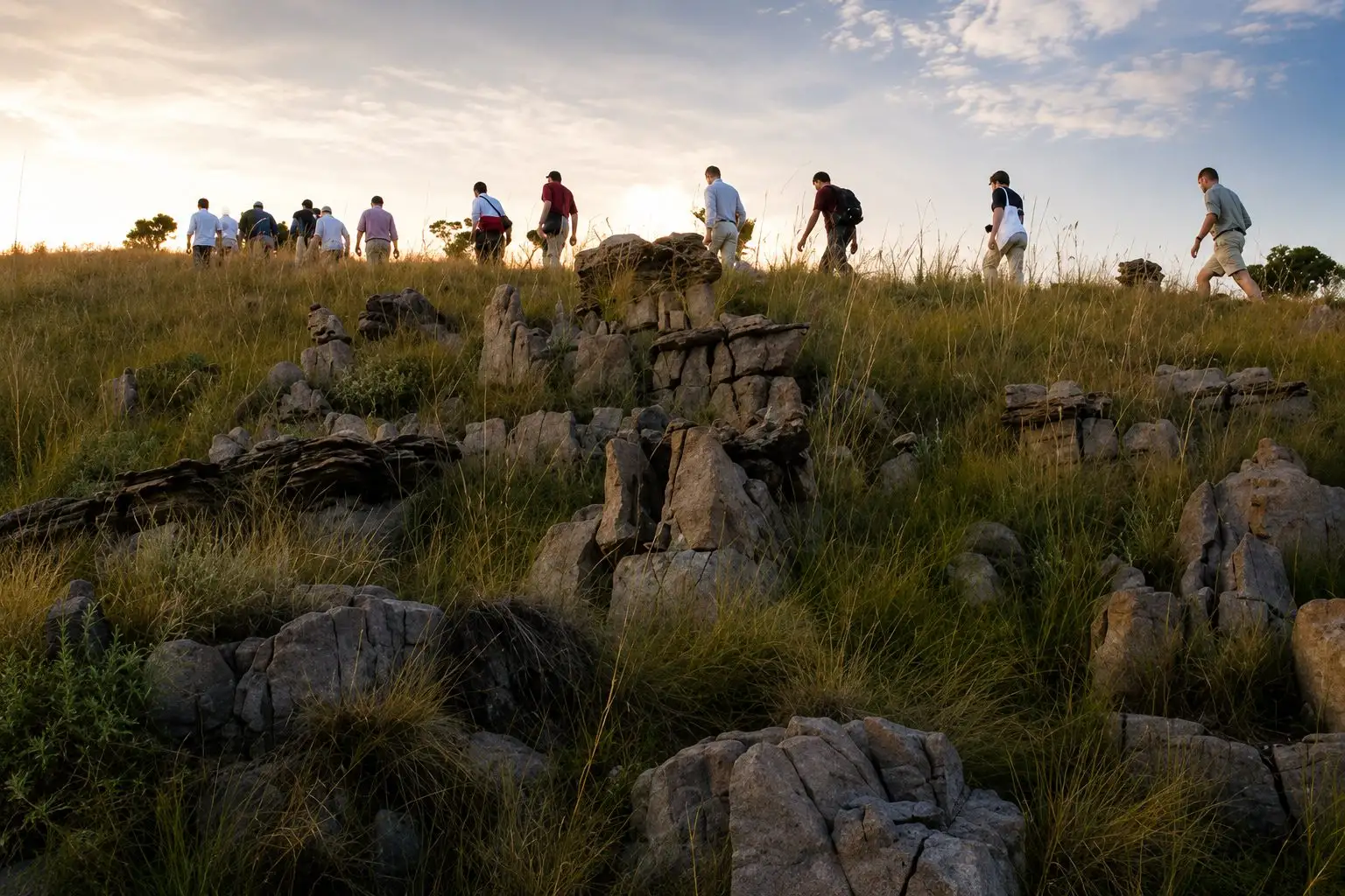 Group of hikers crossing rocky grassland at sunrise