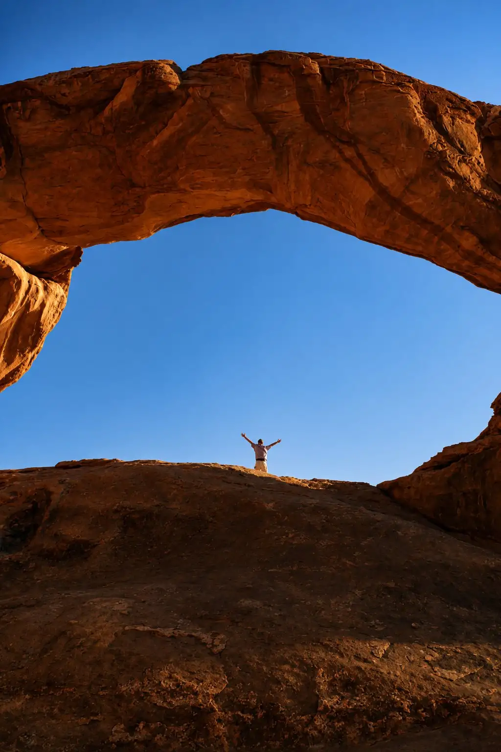 Person with raised arms beneath a natural rock arch