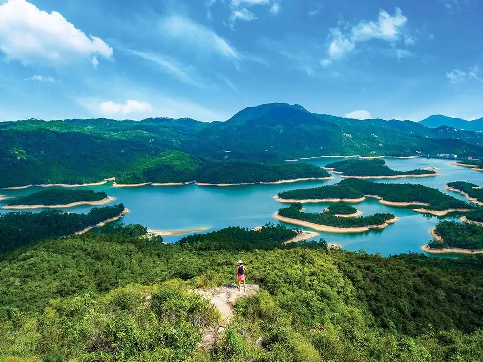 Green hills and islands around a reservoir in Hong Kong