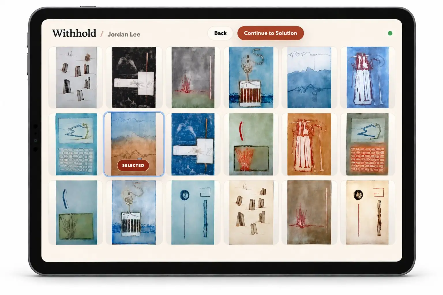 Kgotla ULC app on a tablet: a grid of artworks with one chosen for what holds you back