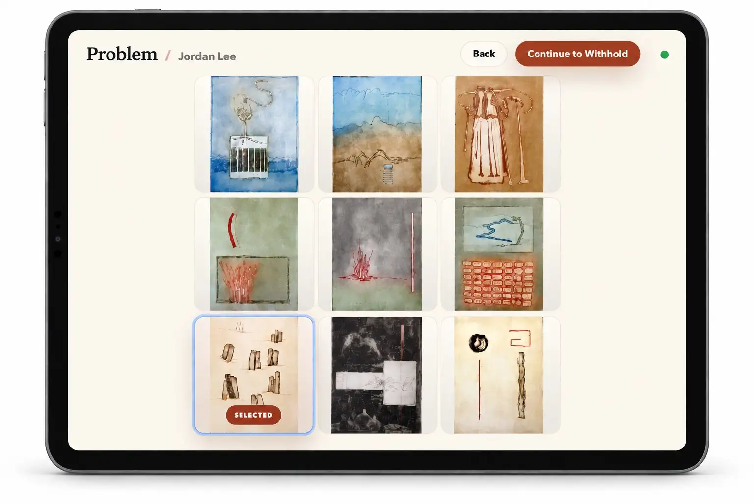 Kgotla ULC app on a tablet: a grid of artworks with one chosen for the problem