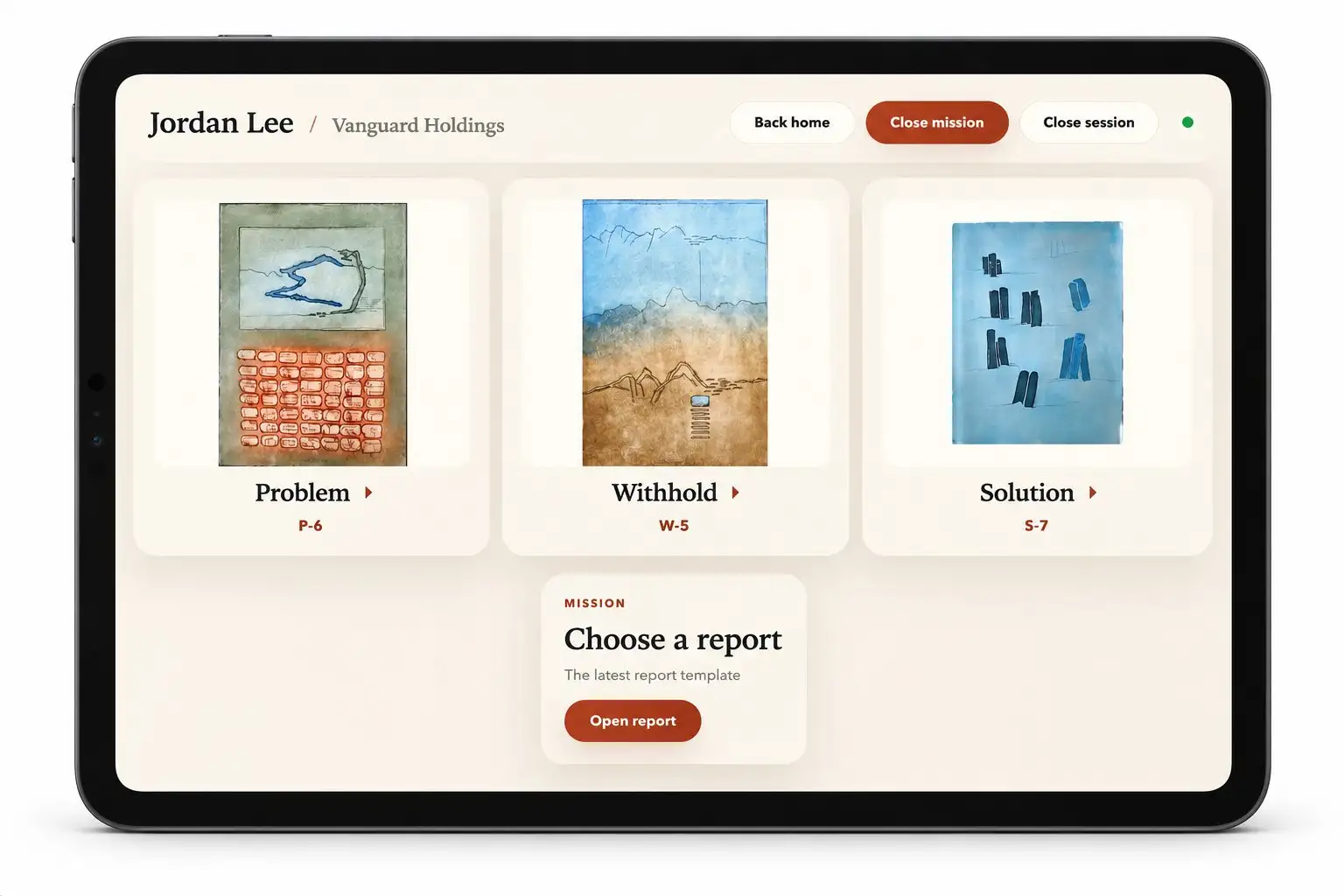 Kgotla ULC app on a tablet: the chosen problem, withhold and solution artworks side by side